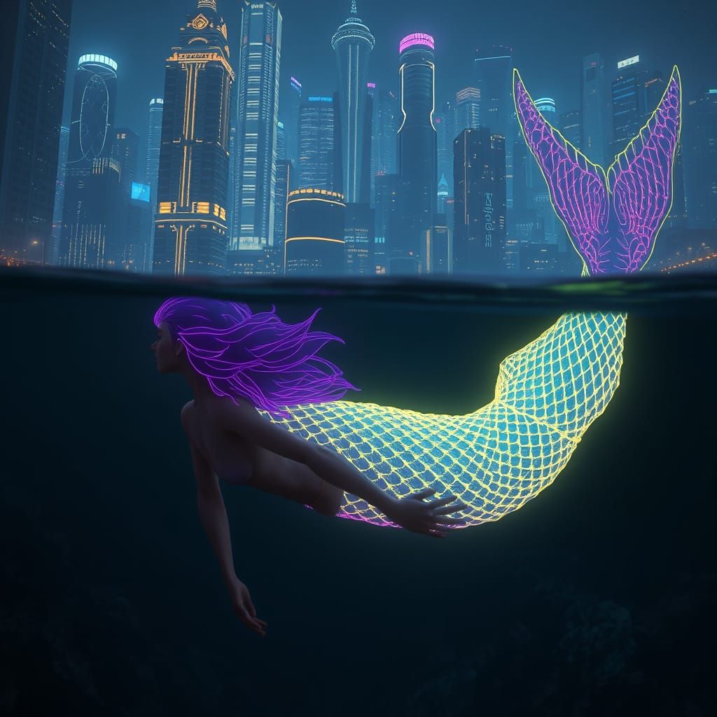 Ethereal Mermaid Under Digital Metropolis in Dark Fantasy St...