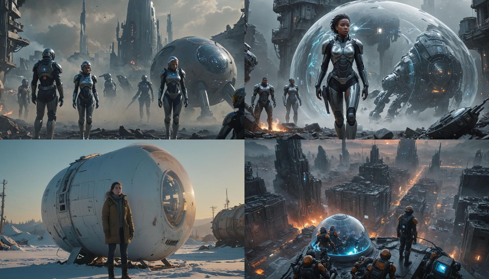 Dystopian Cityscape: Xelthari Commander and Awakened Soldier