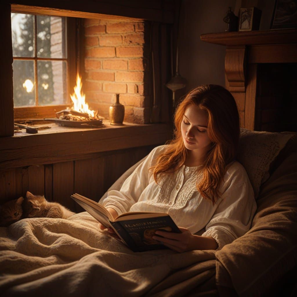 Cozy Cottage Interior Oil Painting of Woman Reading by Fire