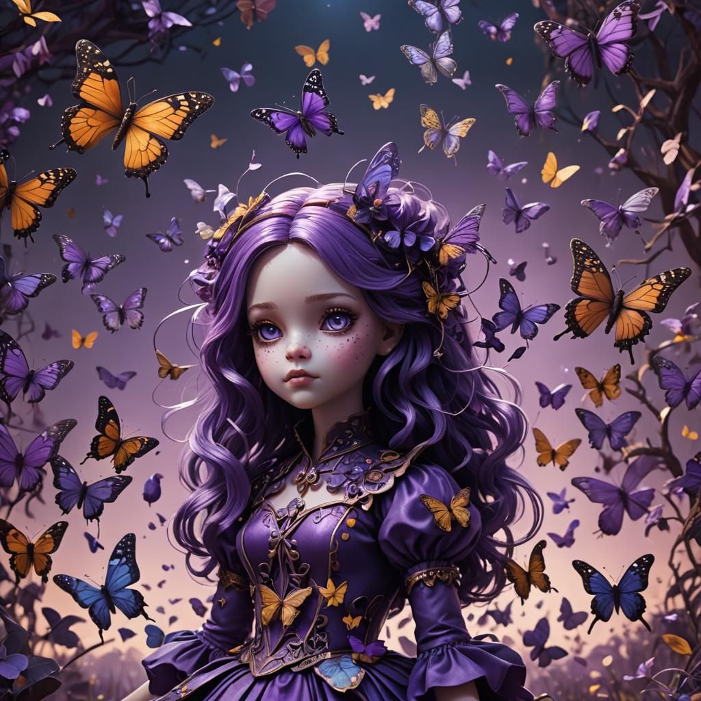 Purple Doll with Butterflies in Fantasy Art