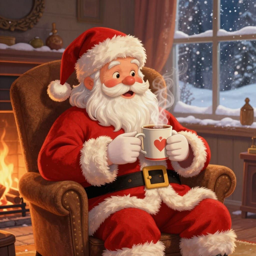 Jolly Santa Enjoys Cocoa by Fireplace in Cozy Scene