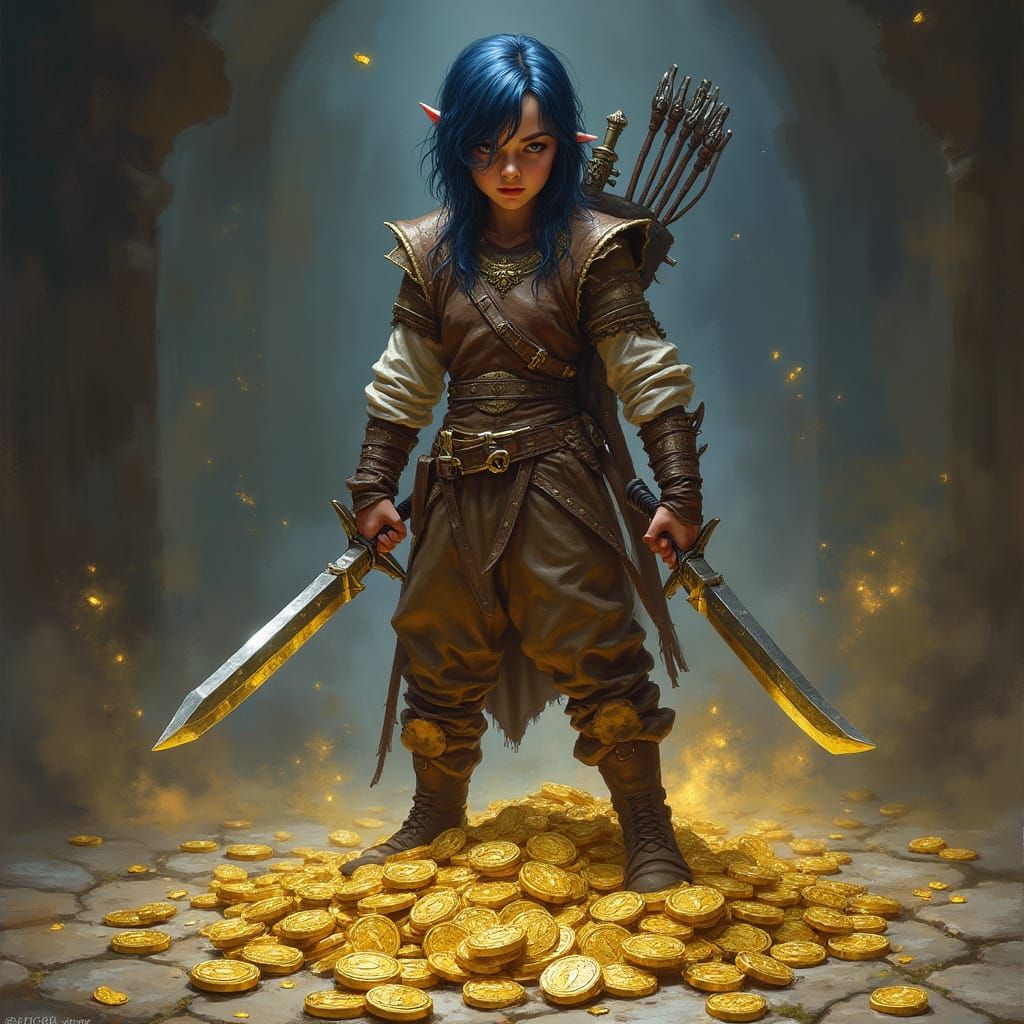 Halfling Rogue with Daggers and Bow on Gold Pile