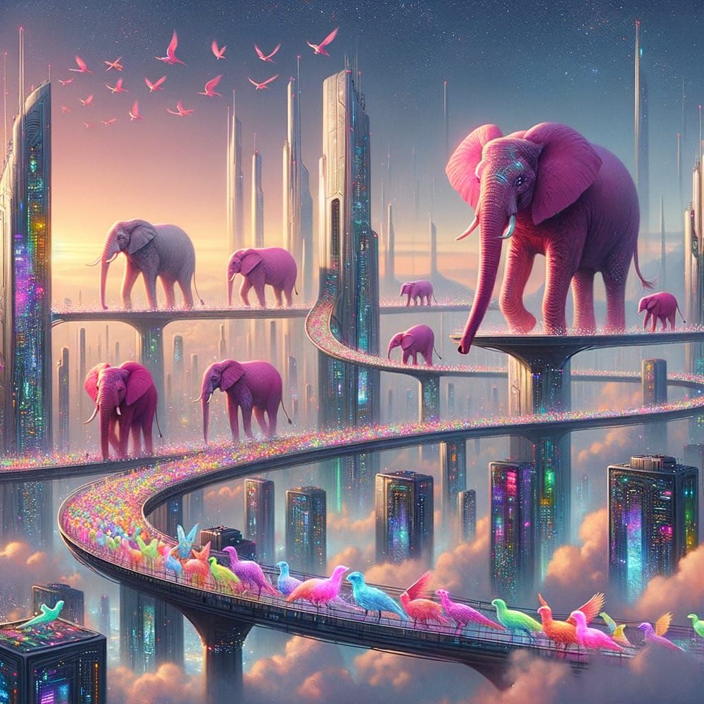 Pink Elephants Dance Over Futuristic Cityscape