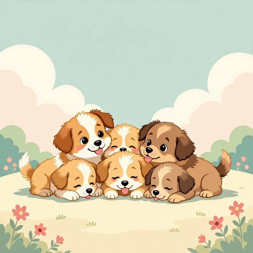 Fluffy Puppies Sighing in a Dreamy Landscape