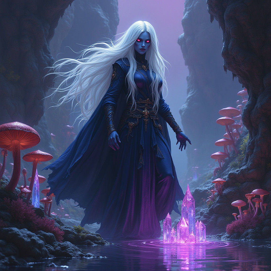 Frank Frazetta fantasy art. Medium shot. A DROW female, cleric of Lolth, with smooth, dark grayish-blue skin and long, f...