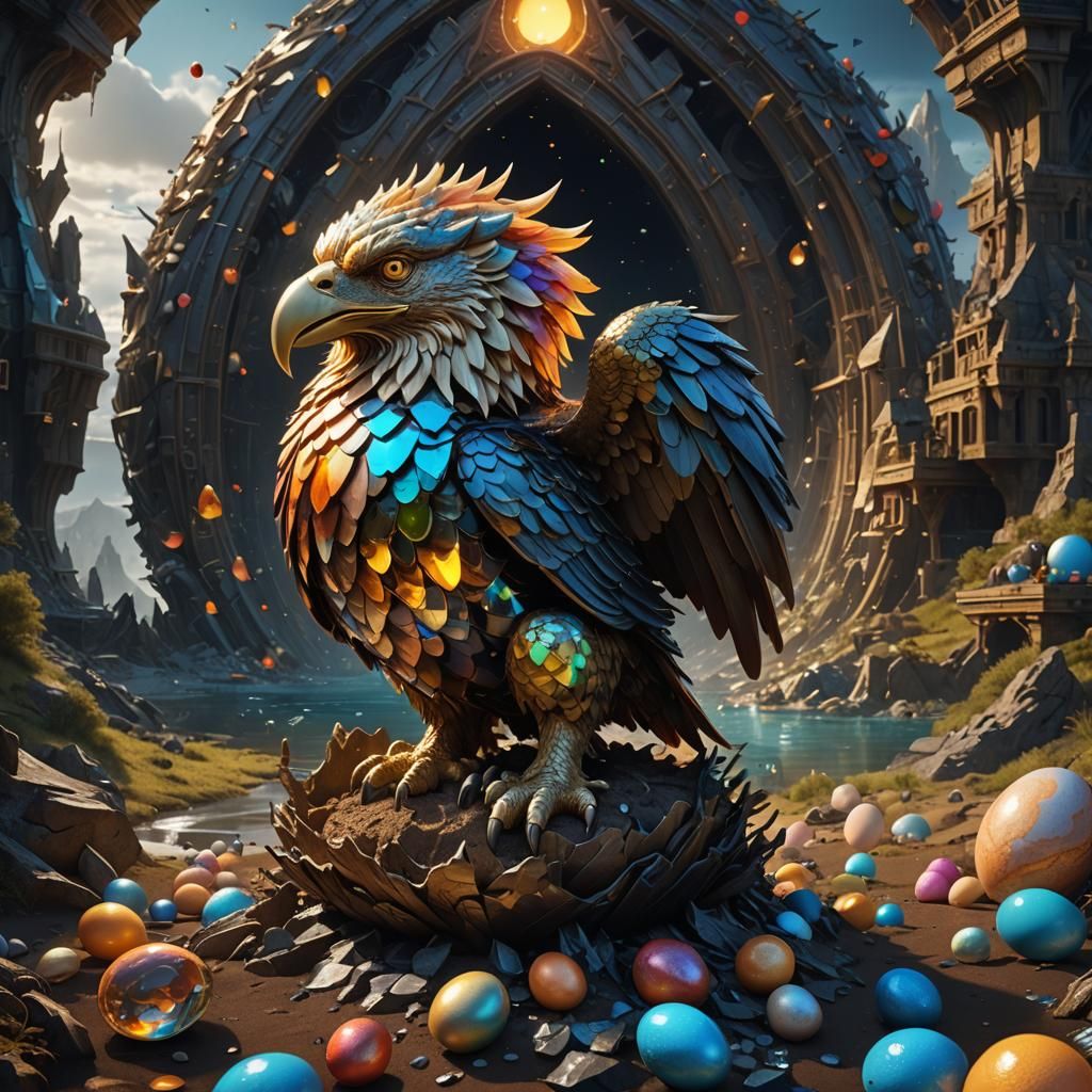 Griffin Hatching in Chromatic Surrealism Style