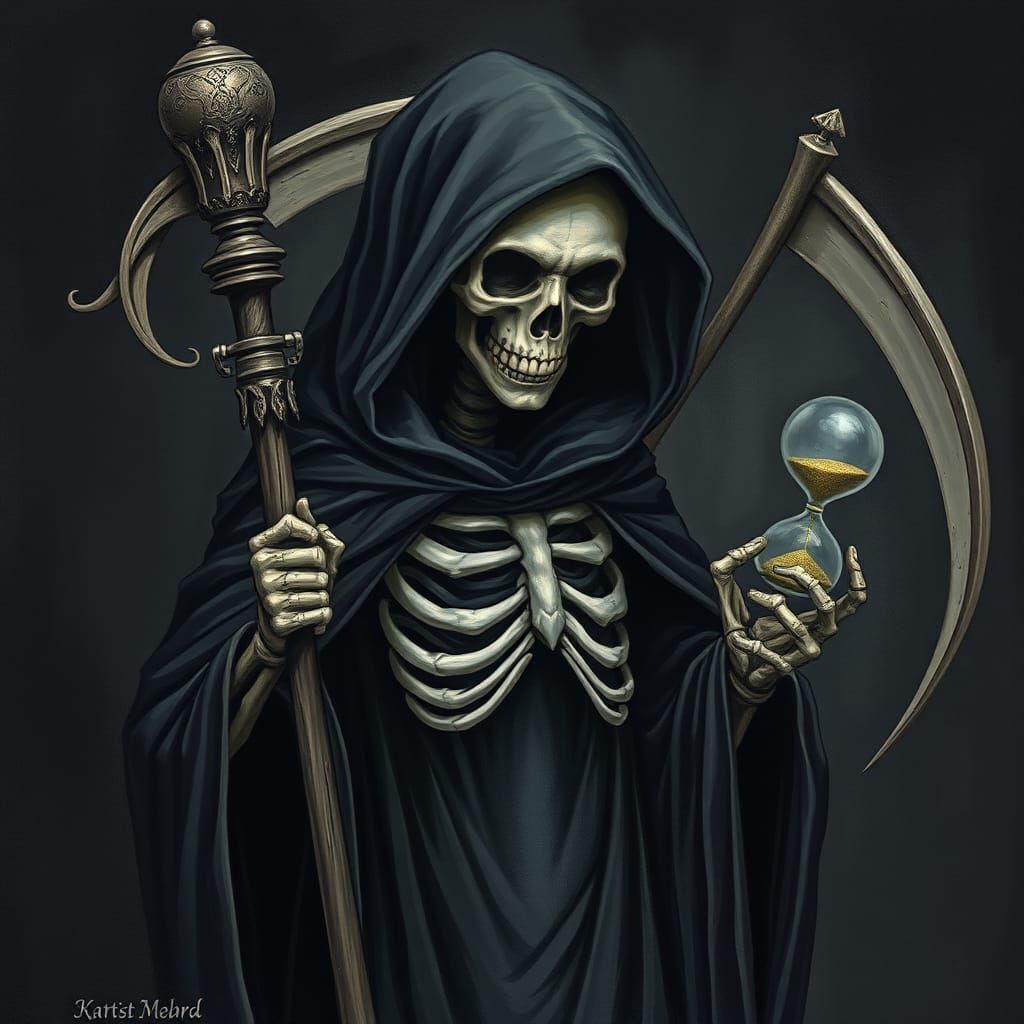 Grim Reaper: Ghostly Skeleton with Scythe and Hourglass