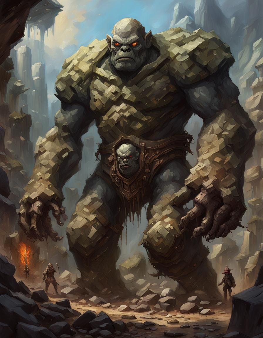 Stone Golem Oil Painting in Dark Fantasy Style