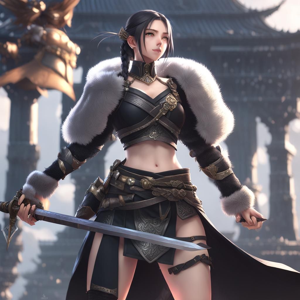 Giantess Warrior with Sword in Anime Style