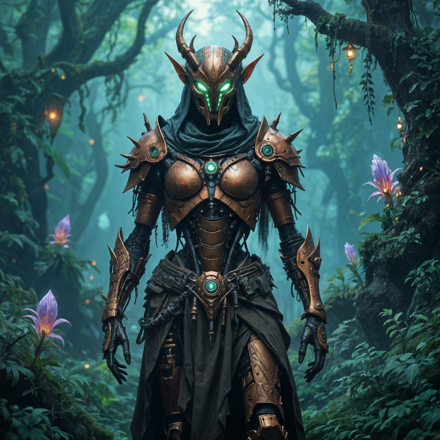 Biomechanical Forest Elf Warrior in Bioluminescent Forest