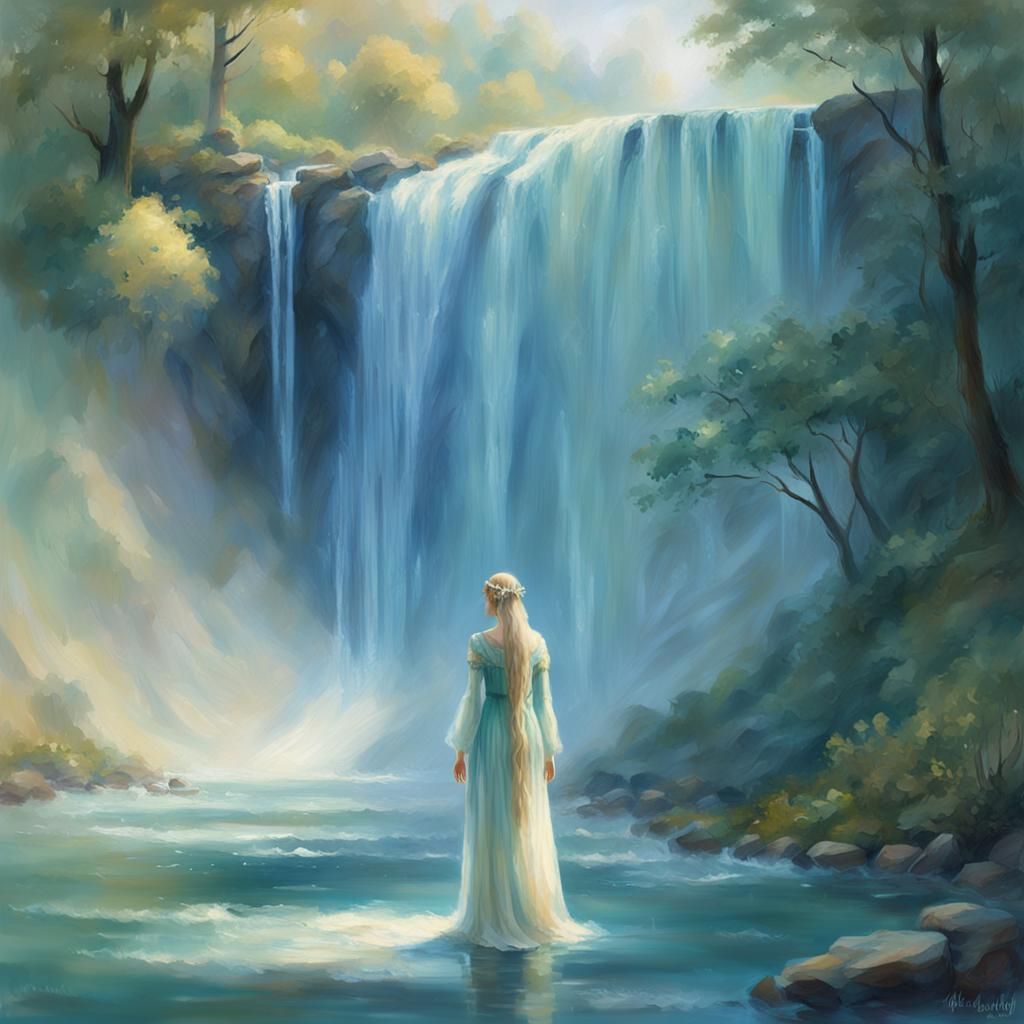 Ethereal Elven Woman Merging with Waterfall