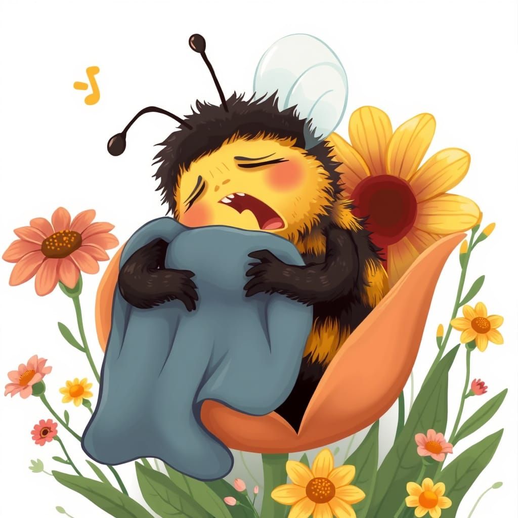 Cartoon Bumblebee Yawning in Wildflower Garden