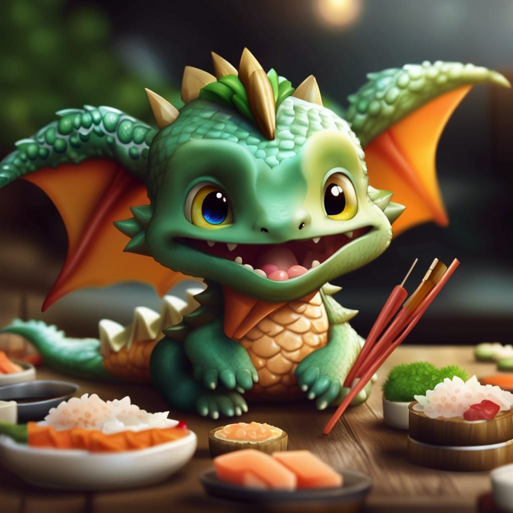 Crying Baby Dragon Eating Sushi: Concept Art