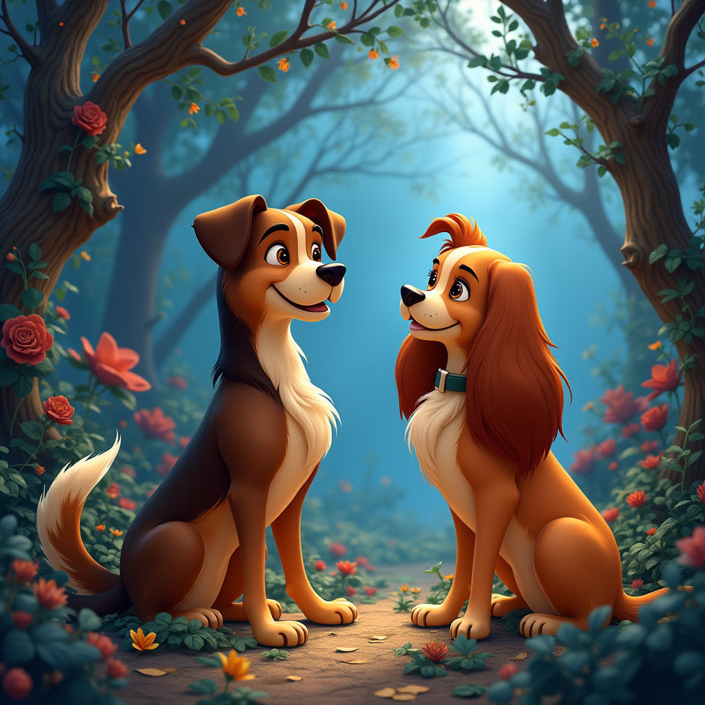 Disney-esque Dogs in a Dreamlike Landscape