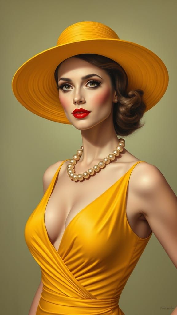 Glamorous Woman in Yellow Hat: Oil Painting