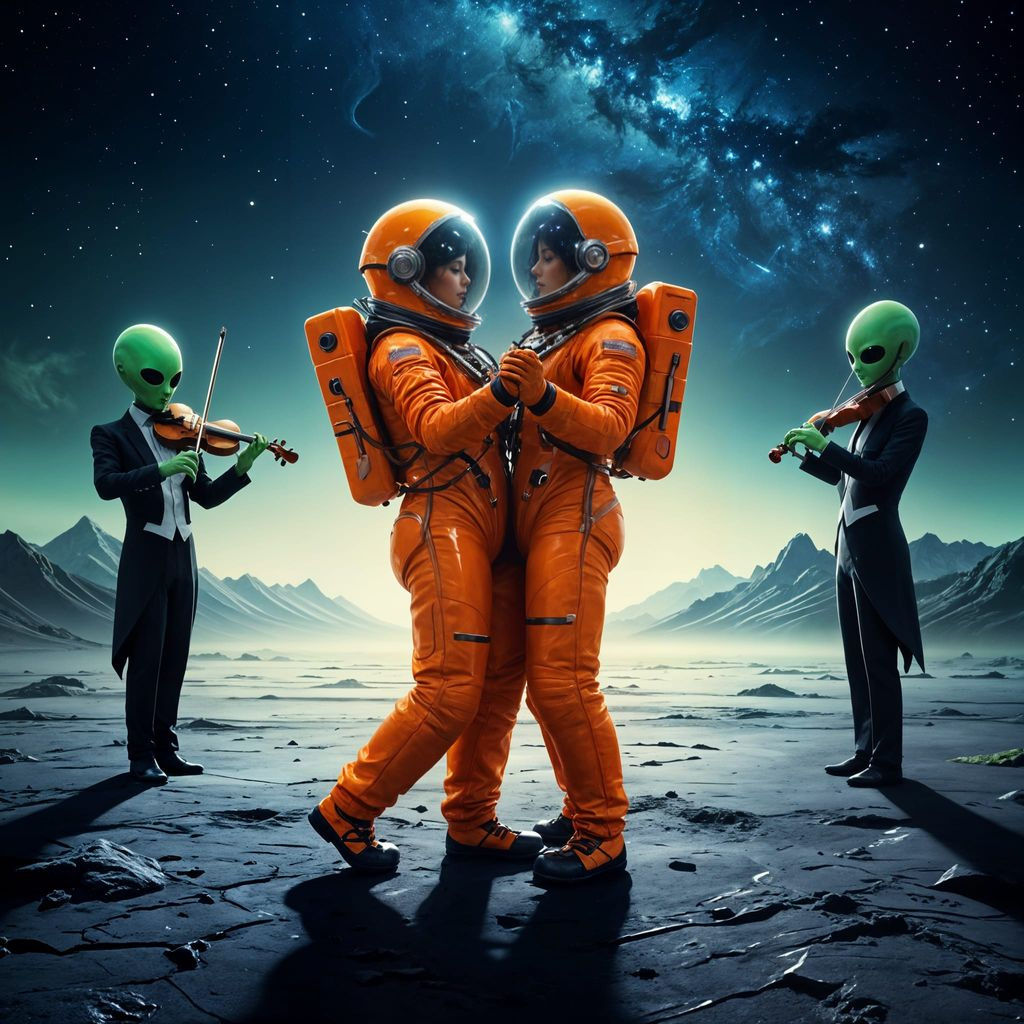 Cosmic Space Dancers under a Starry Lunar Sky