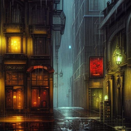 Cartoon Medieval City in Rainy Cyberpunk Style