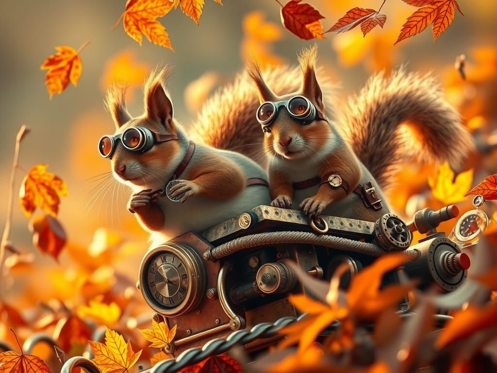 Steampunk Squirrels Slide Down Autumn Leaf Hill