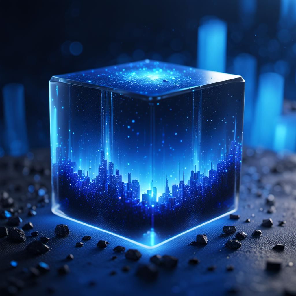 Blue Crystal Cube in Rainy Landscape: Digital Art