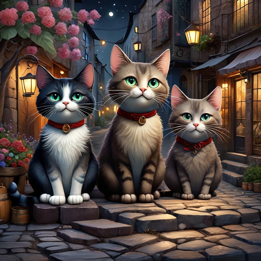 Whimsical Cats in Moonlit Village: 3D Anime Art