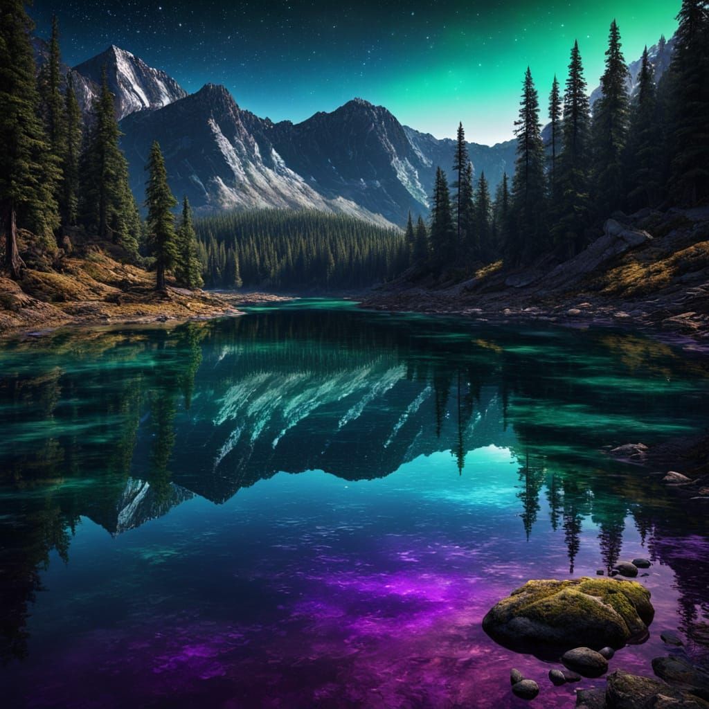 Alien Lake Among Mountains in Galaxy Center