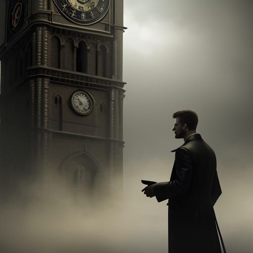 Time Traveler in Clock Tower: Hyperrealistic Digital Art