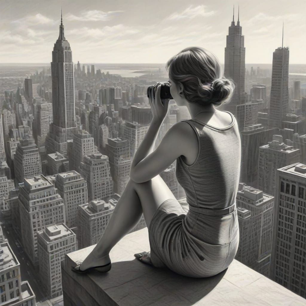 Vintage Woman Photographs Cityscape From Skyscraper Edge