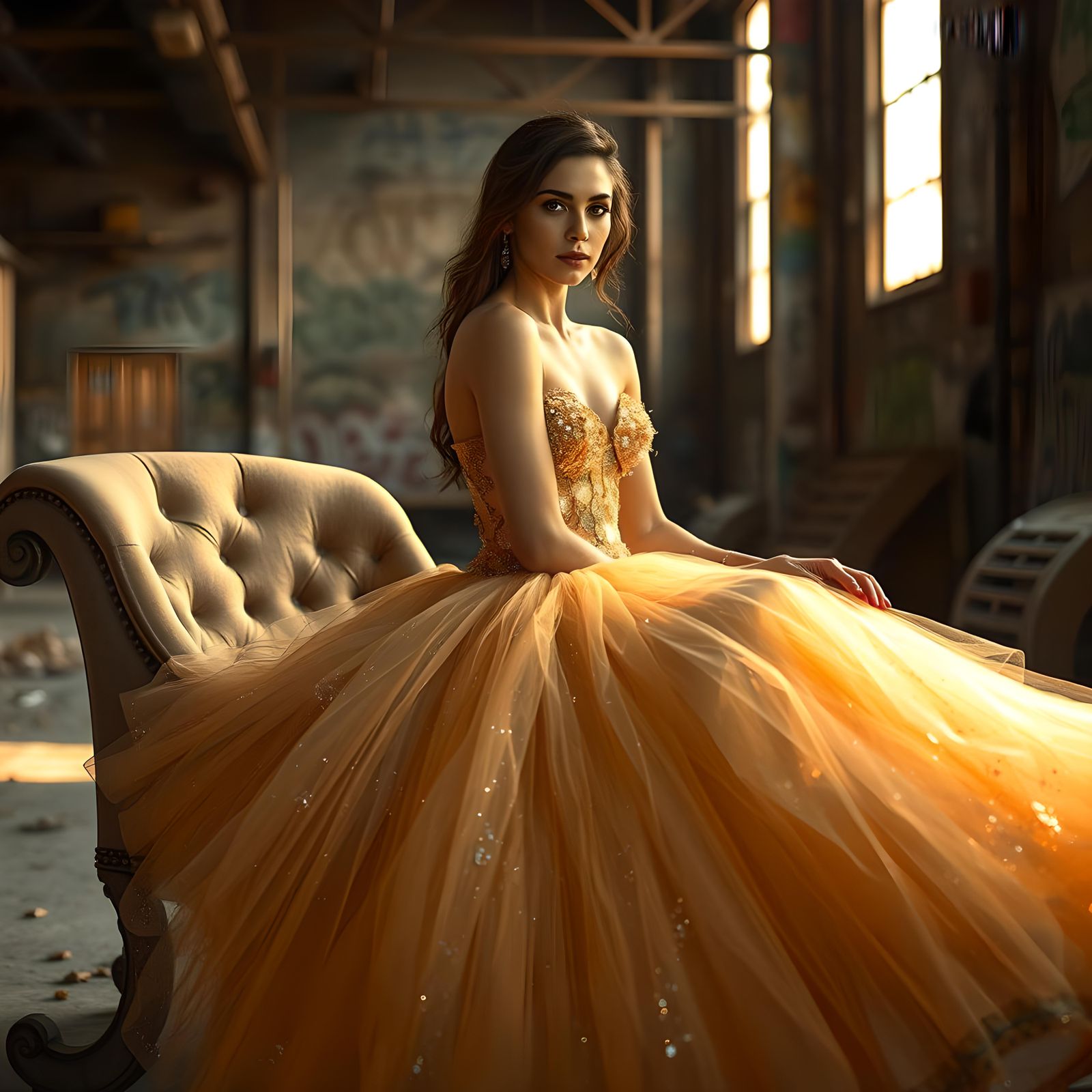 Elegant Woman in Warehouse: Annie Leibovitz Style Portrait