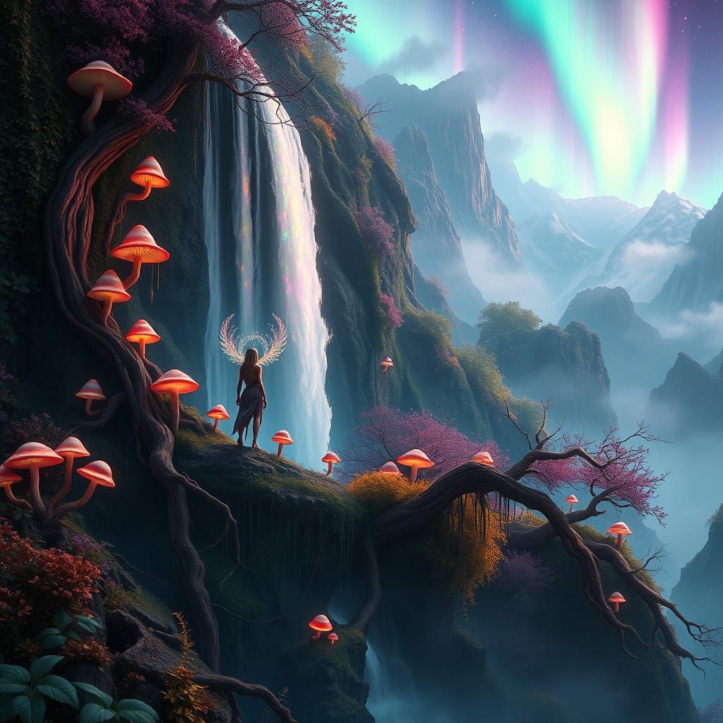 Mythical Being at Ethereal Waterfall in Vibrant Landscape