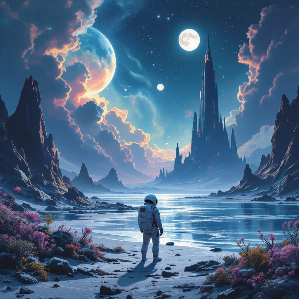 Astronaut Gazes at Alien Sky with Twin Moons