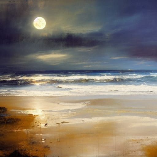 Blue and Gold Beach Landscape with Two Moons