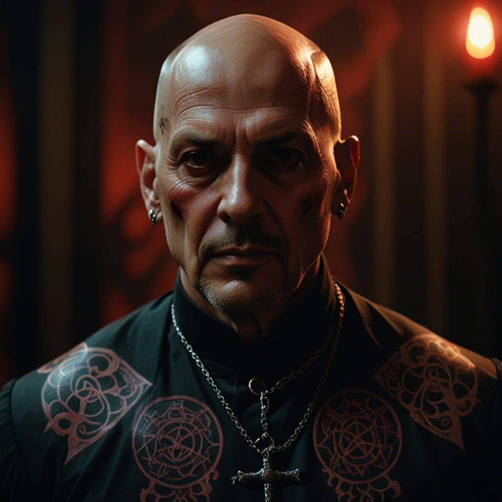 Intricate Portrait of Bald Man with Satanic Tattoos