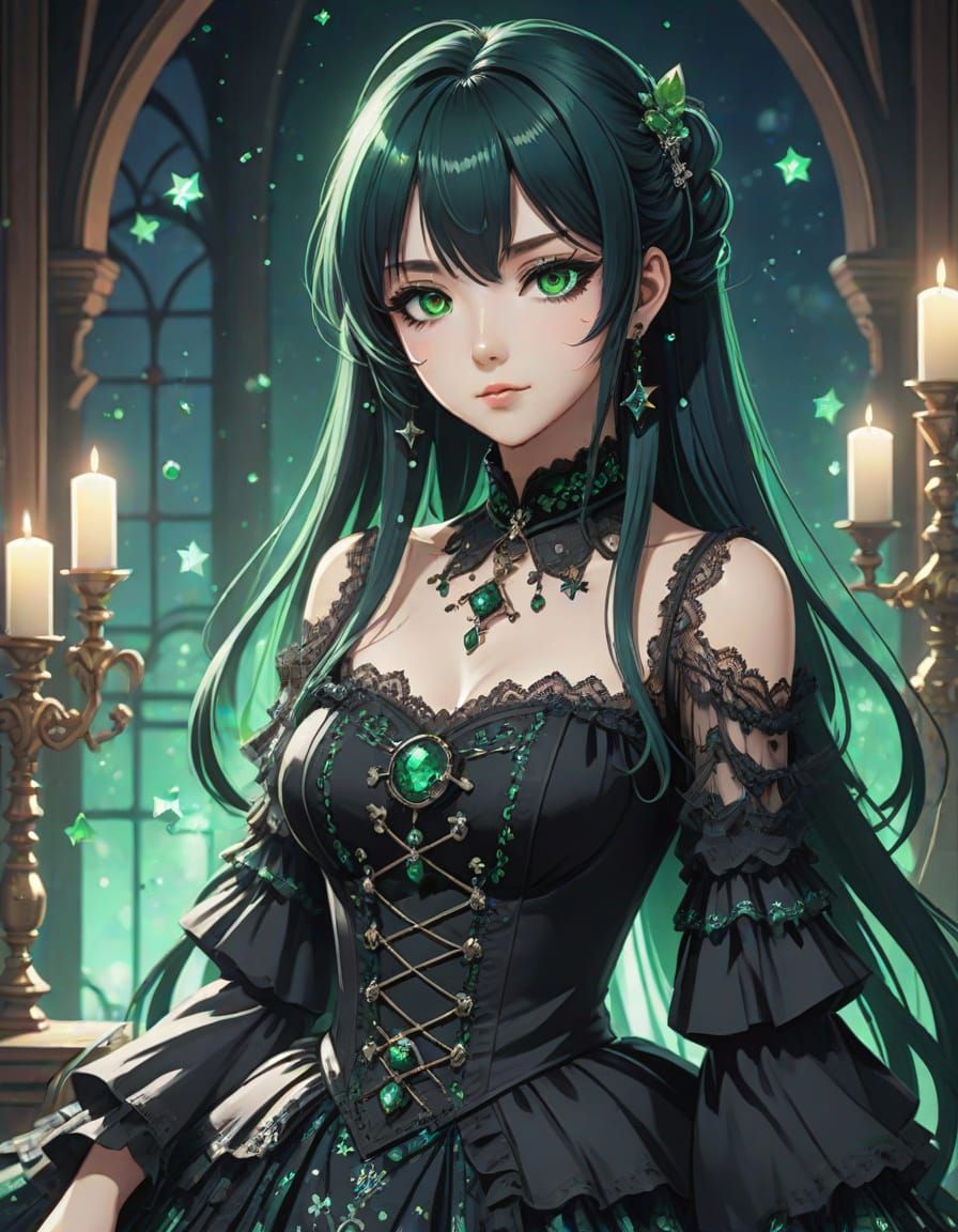 Anime Goth Woman in Victorian Dress with Gemstones