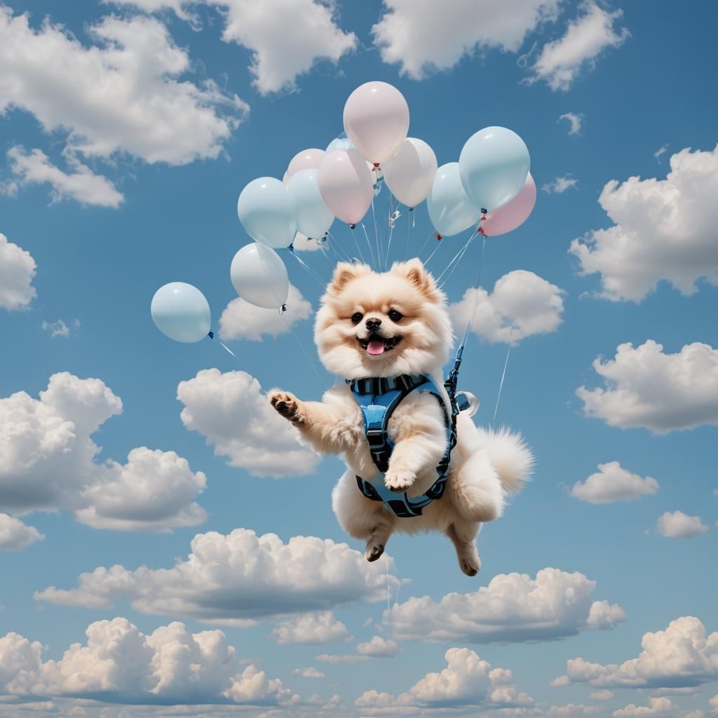Pomeranian Floating with Balloons in Blue Sky