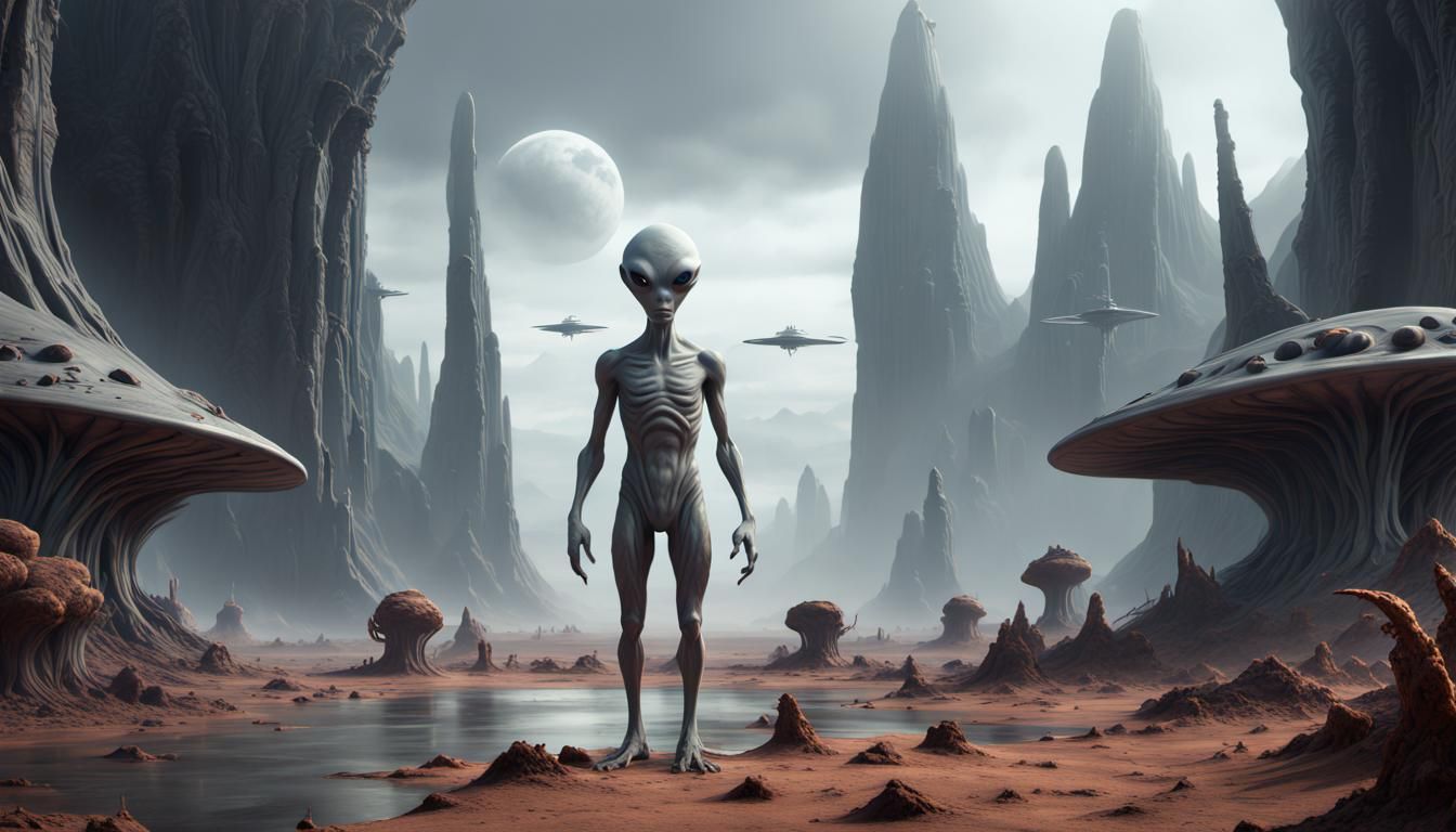 Gray Alien on Alien World: Detailed Matte Painting