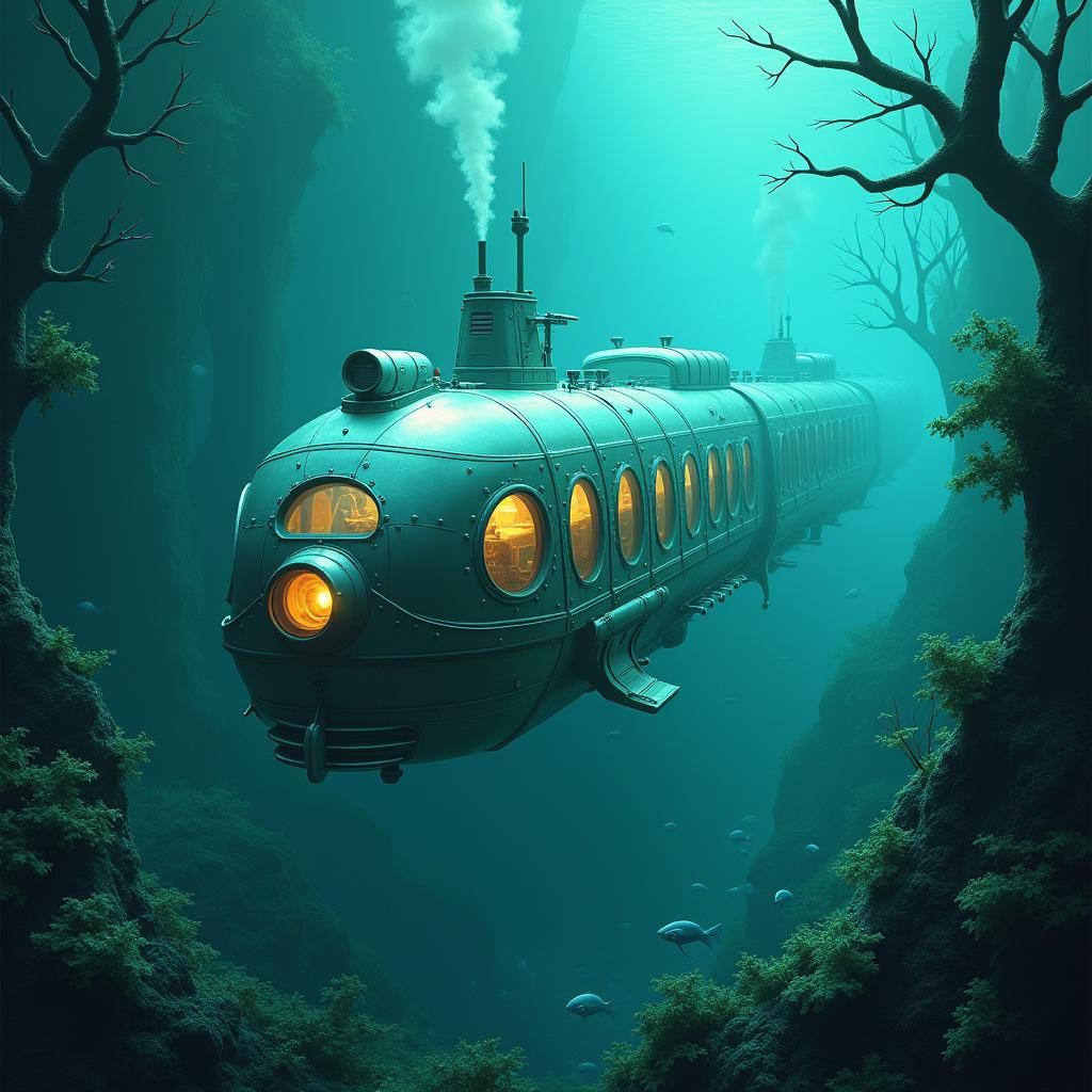 Underwater Train Amid Bioluminescent Marine Life