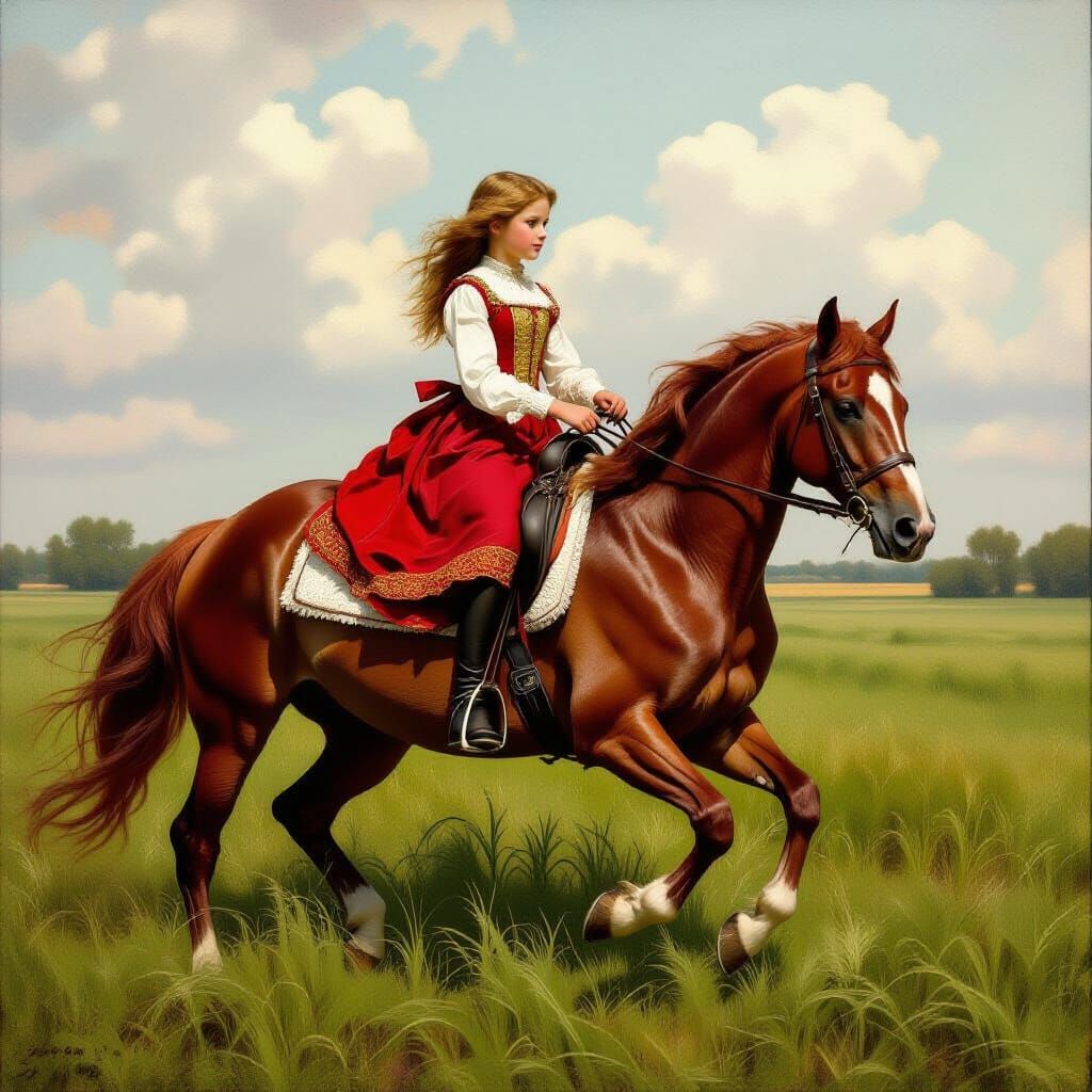 Farmer Girl on Horseback in Field, Realistic Action Scene