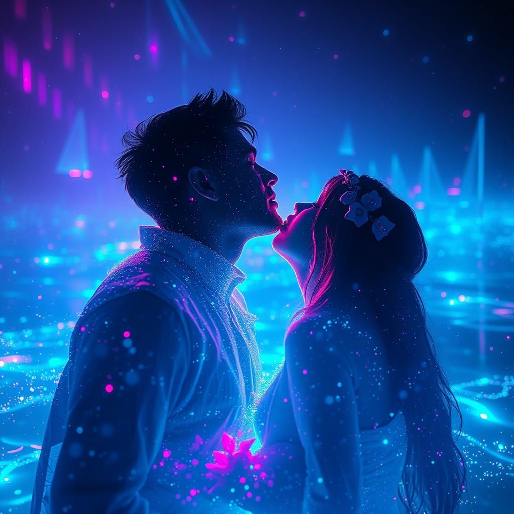 Ethereal Oceanic Kiss in Glitchcore Style