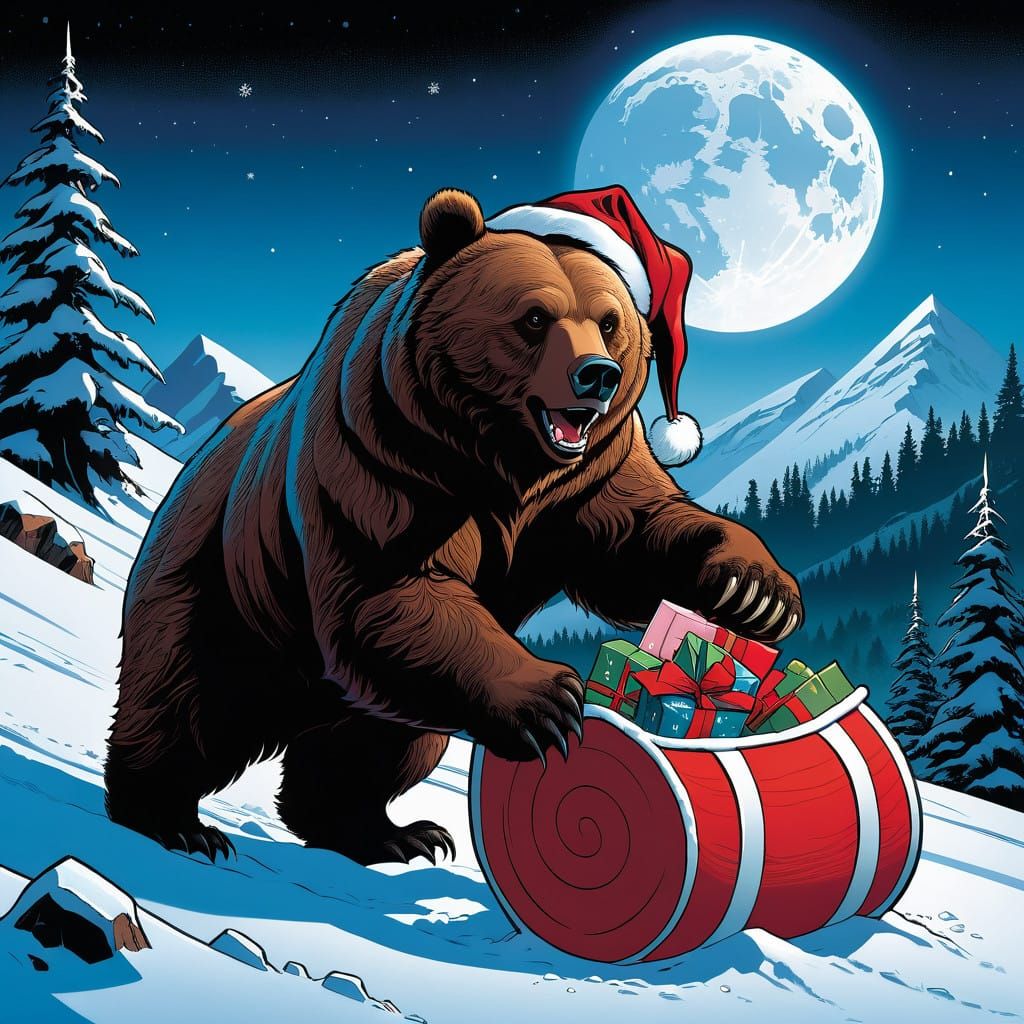 Whimsical Grizzly Bear in a Snowy Mountain Clearing