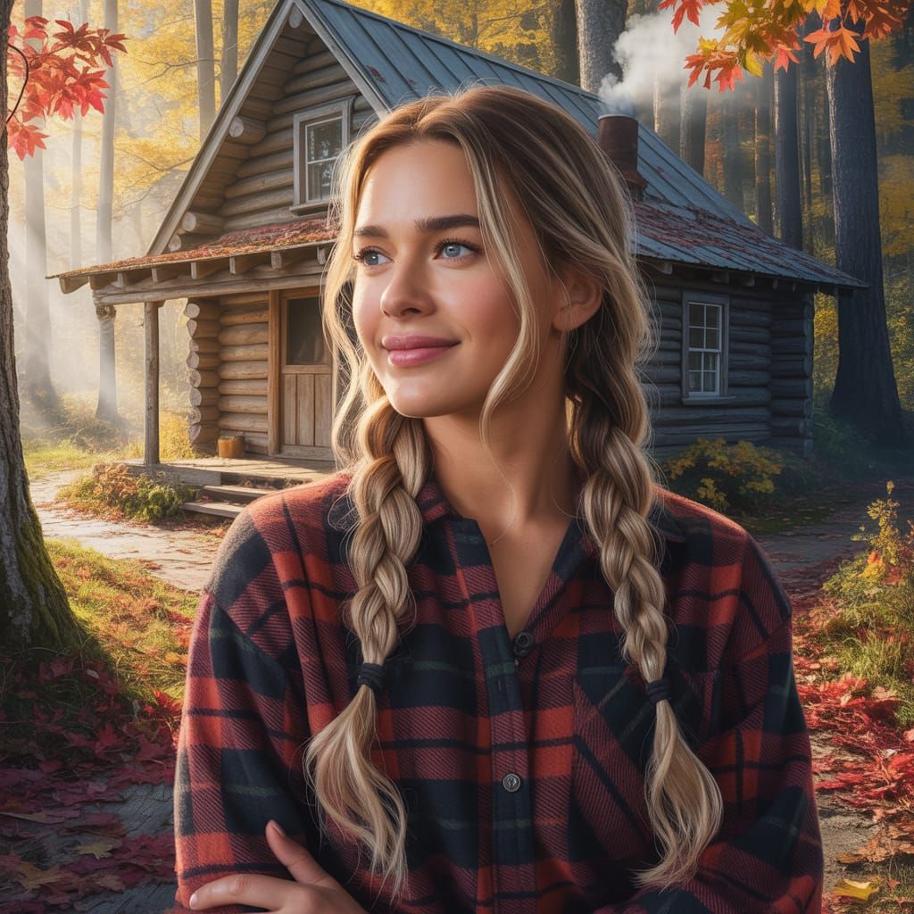 Autumn Portrait: Woman Outside Cabin in Golden Forest Light
