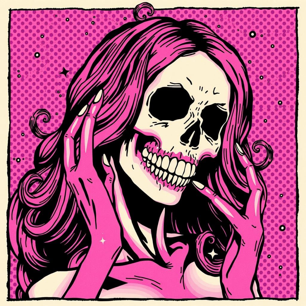 Pop Art Portrait of Woman with Squid and Skull