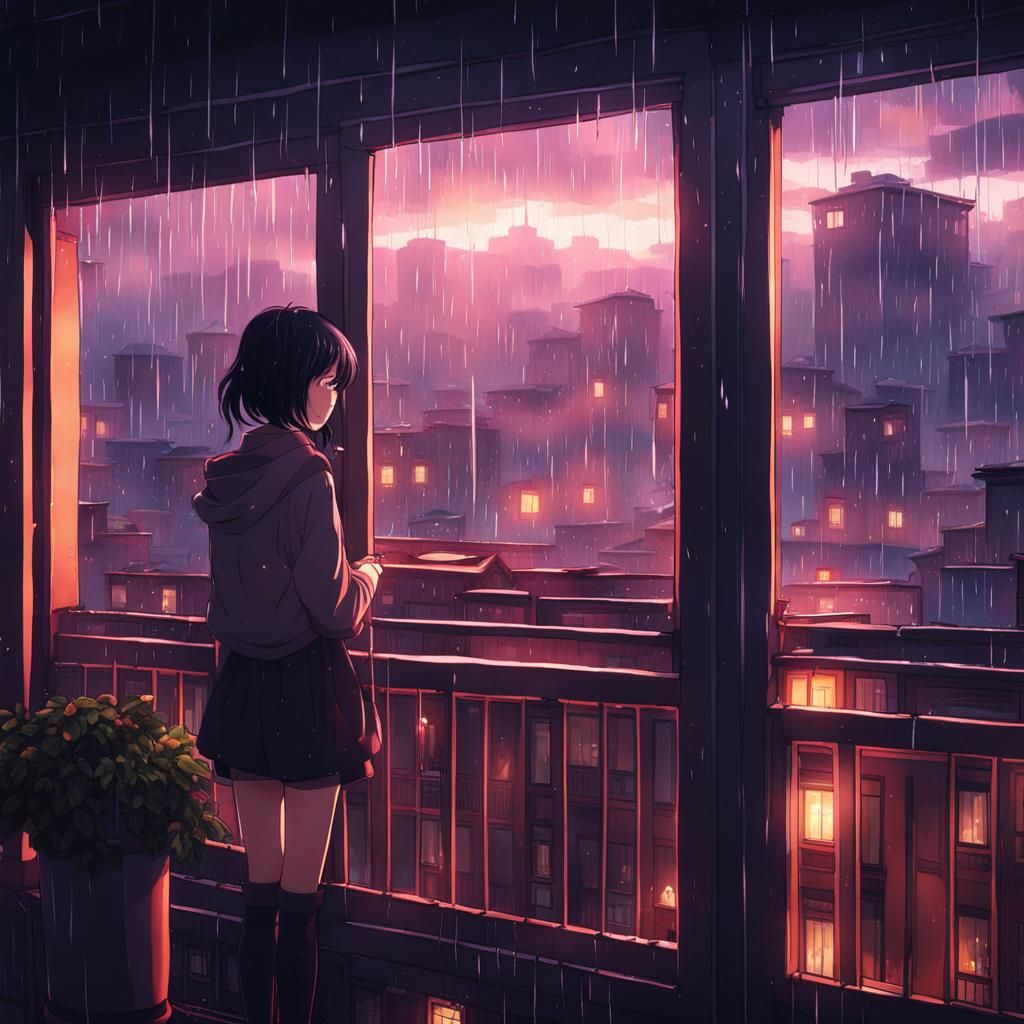 Sad Anime Girl in Rainy Cityscape: Lo-fi Mood