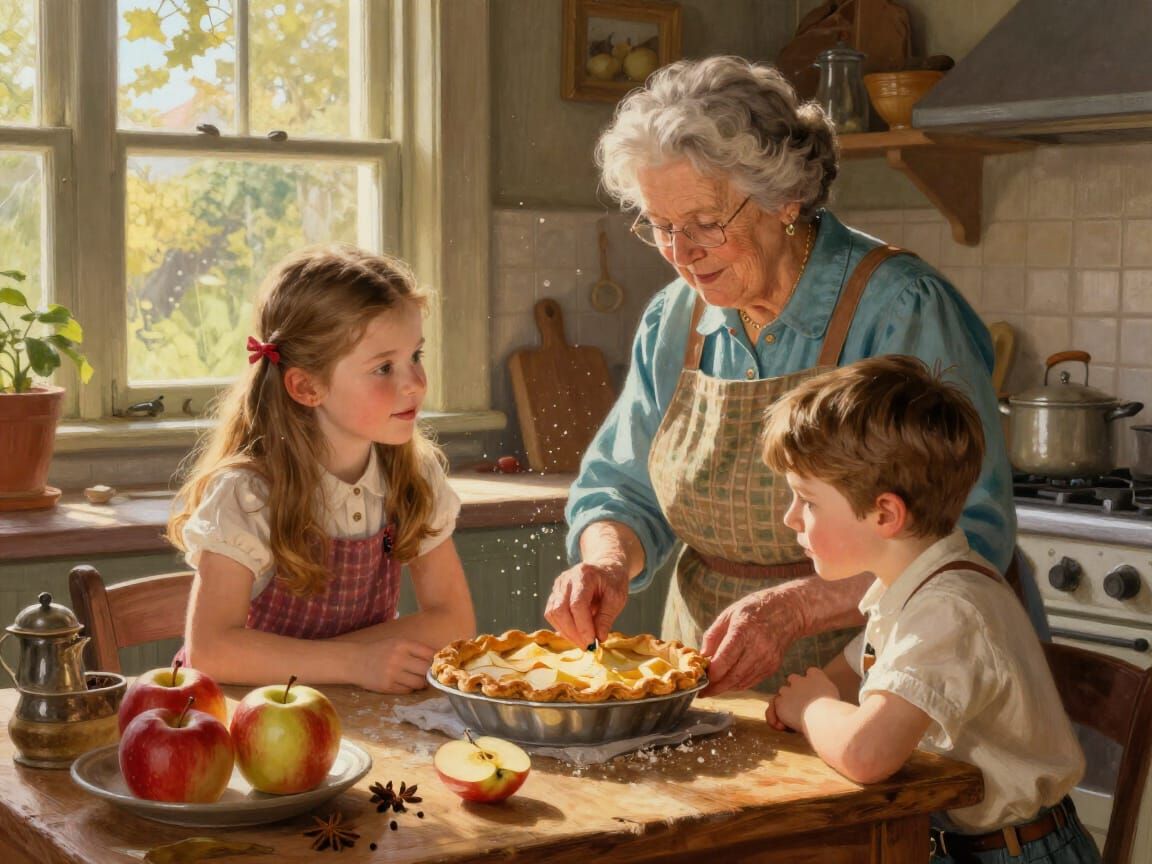 Grandma Bakes Apple Pie in Cozy Kitchen