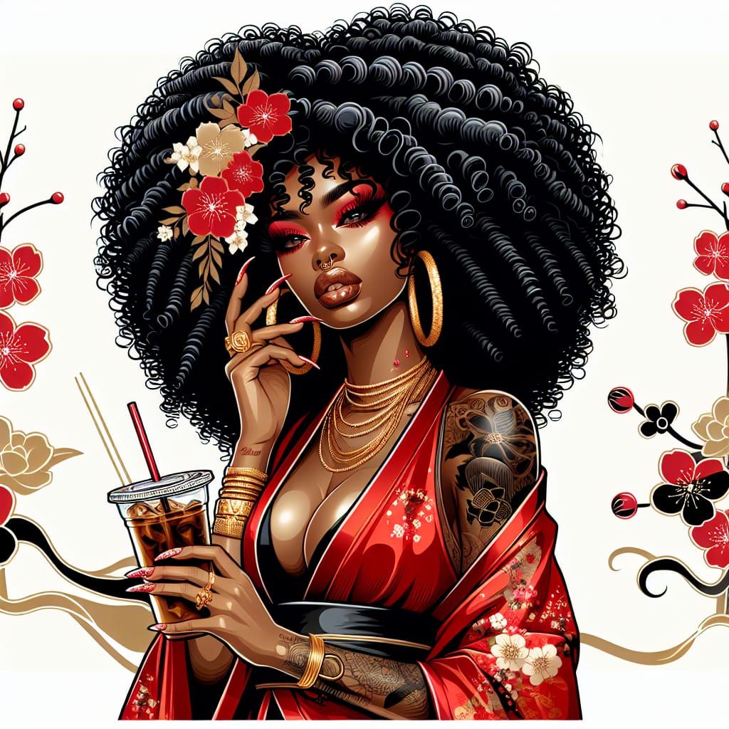 African-American Woman with Iced Coffee in Airbrush Style