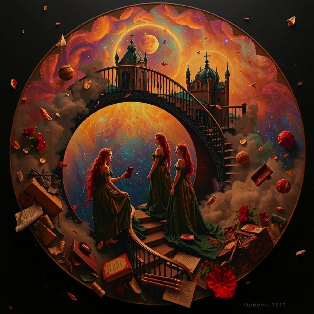 Three Sisters Ascend Celestial Staircase in Vibrant Dreamsca...