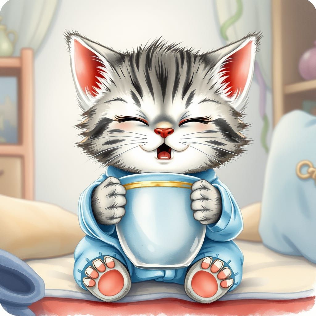 Cozy Vintage Kitten Enjoys Morning Tea