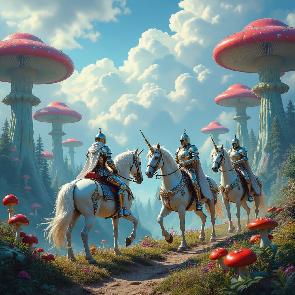 a whimsical storybook world where armored knights ride shimm...