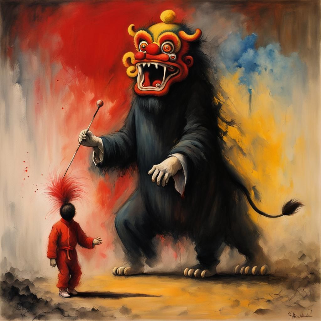 Lion Dance in Epic Impressionist Gouache Style