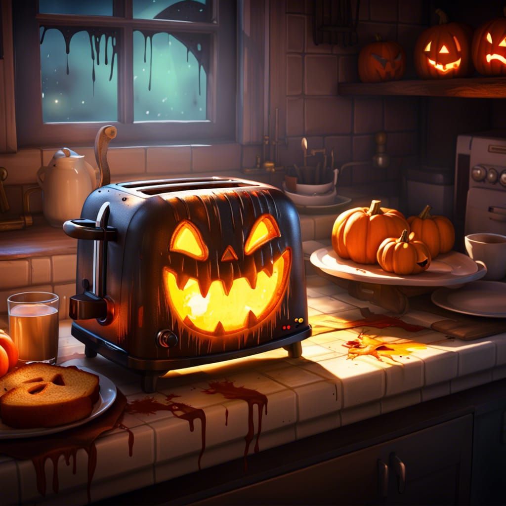 Spooky Toaster in Halloween Kitchen: Cell-Shaded Art