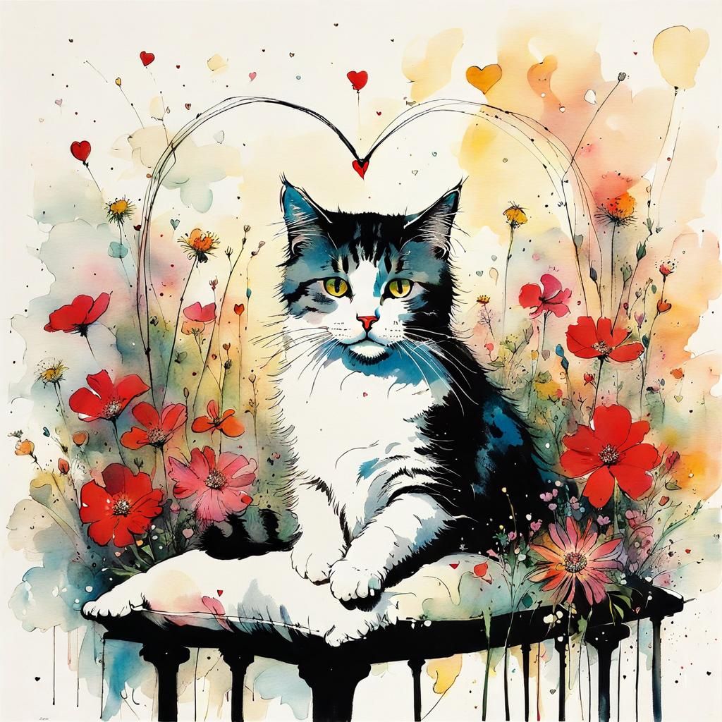 Cat on Pillow in Caricature Style